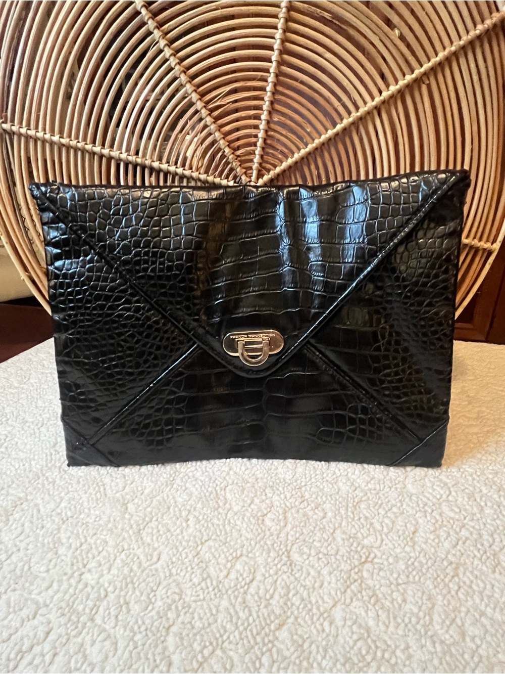 French Connection Black Croc Embossed Envelope Clutch Gold Hardware